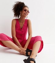 New Look Bright Pink Herringbone Button Up Wide Leg Crop Jumpsuit